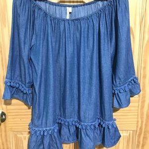 Grand and Greene Denim blouse with pom poms